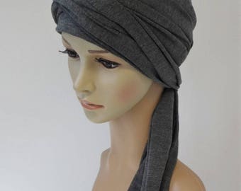 Women's jersey  head covering, warm head wear, turban snood, chemo turban , volume head snood, bonnet with long ties