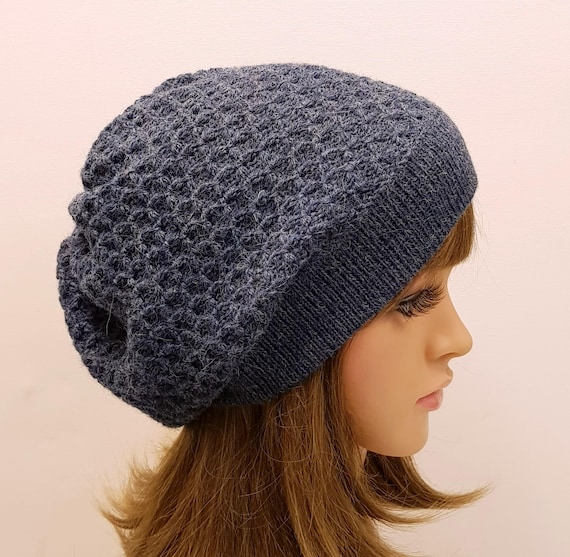 Dark Blue Alpaca Beret, Slouchy Beanie, Winter Hat for Women