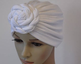 Turbante rosetta bianca, turbante moda per donna, cappello turbante annodato davanti, turbante nodo superiore per donna, turbante jersey viscosa