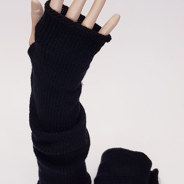 Extra long wrist warmers , black hand warmers, handmade acrylic fingerless gloves, ready for shipping