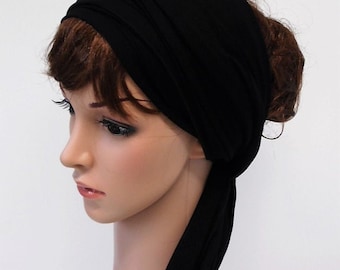 Black hair scarf, viscose jersey stretchy head scarf, bandanna , 150 x 17 inches