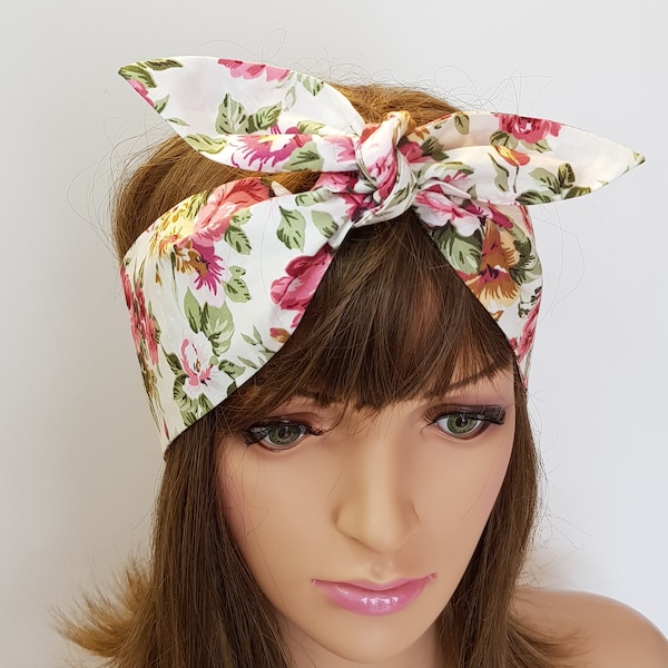 Floral self tie hair scarf, rockabilly headband, cotton tie up head scarf, hair bandanna, pin up style headband, skinny hair tie, bandana