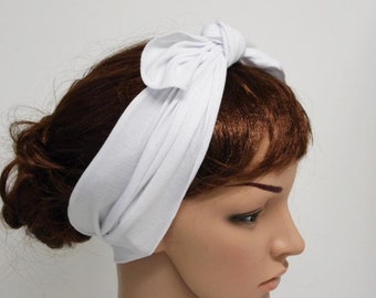 White Viscose Jersey Headband, Stretchy Self Tie Hair Scarf