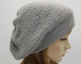 Grey beret, handmade knitted baggy beanie, slouchy hat, grey beanie, tam, knitted from alpaca/wool/polyamide blend knitting yarn