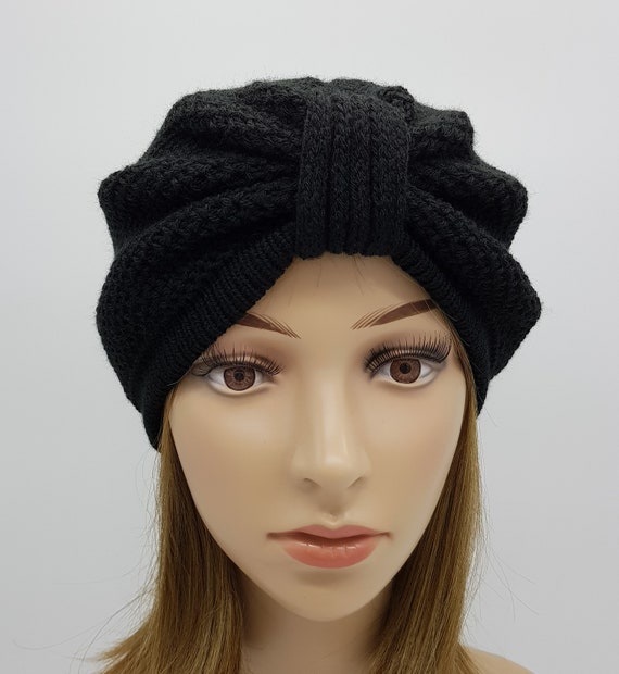Turbante negro sombrero de mujer de punto Etsy España