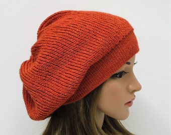 Handmade Alpaca Blend Baggy Beret, Slouchy Knit Beanie, Rust Mix Colour