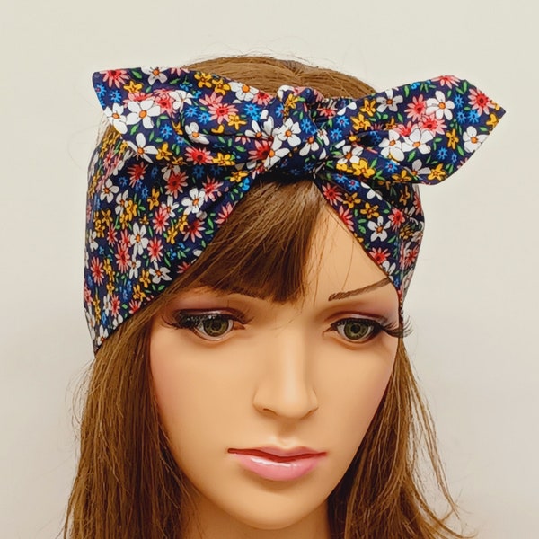 Top tie headband, rockabilly hair wrap, retro style bandanna, dolly bow scarf, floral self tie head wrap, top knot hair scarf
