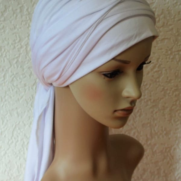 Couvre-chef complet, chimio head wear, turban blanc, turban de volume avec cravates, mauvaise journée de cheveux