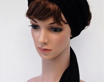Black stretchy head scarf, long hair tie, viscose jersey headband,  250 x 30 cm