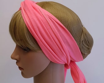 Neon Pink Stretchy Viscose Jersey Head Scarf, Lightweight Hair Tie (150 x 17 cm)
