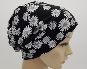 Daisy beanie hat for women, lightweight viscose jersey hat, chemo head wear, stretchy bad hair day hat