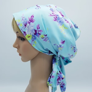 Ropa de cabeza de satén floral azul claro para mujeres, elegante tichel sedoso, capó forrado con corbatas largas, snood de cabeza, cobertura de cabello, pañuelo autoate