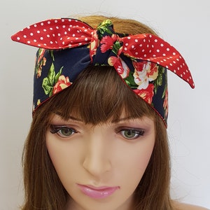 Reversible top tie headband, dolly bow cotton hair tie, rockabilly hair scarf, women's head bandanna, skinny head wrap