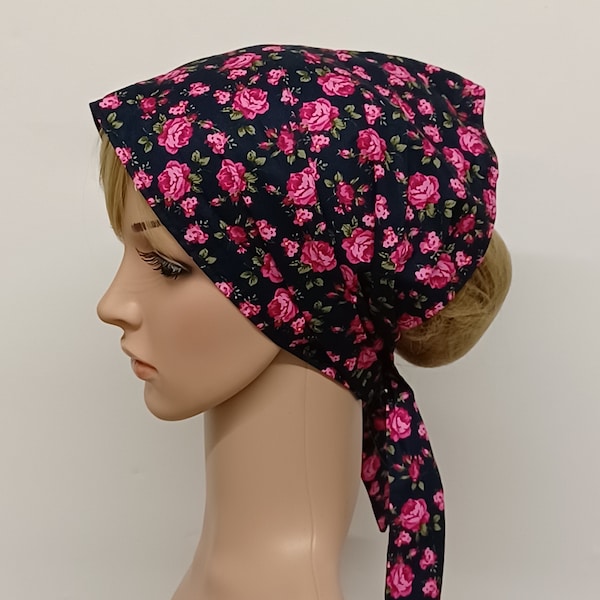 Floral extra wide cotton head scarf, self tie head wear for women, head bandanna, nurse head cover, chefs scarf, hair wrap
