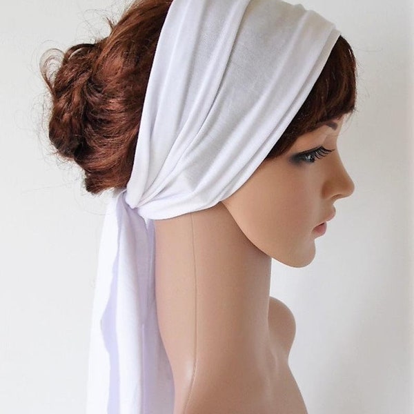 Foulard blanc, élastique pour cheveux, bandana pour femme, bandeau à nouer, foulard cheveux longs, foulard dreadlocks, 120 x 25 cm