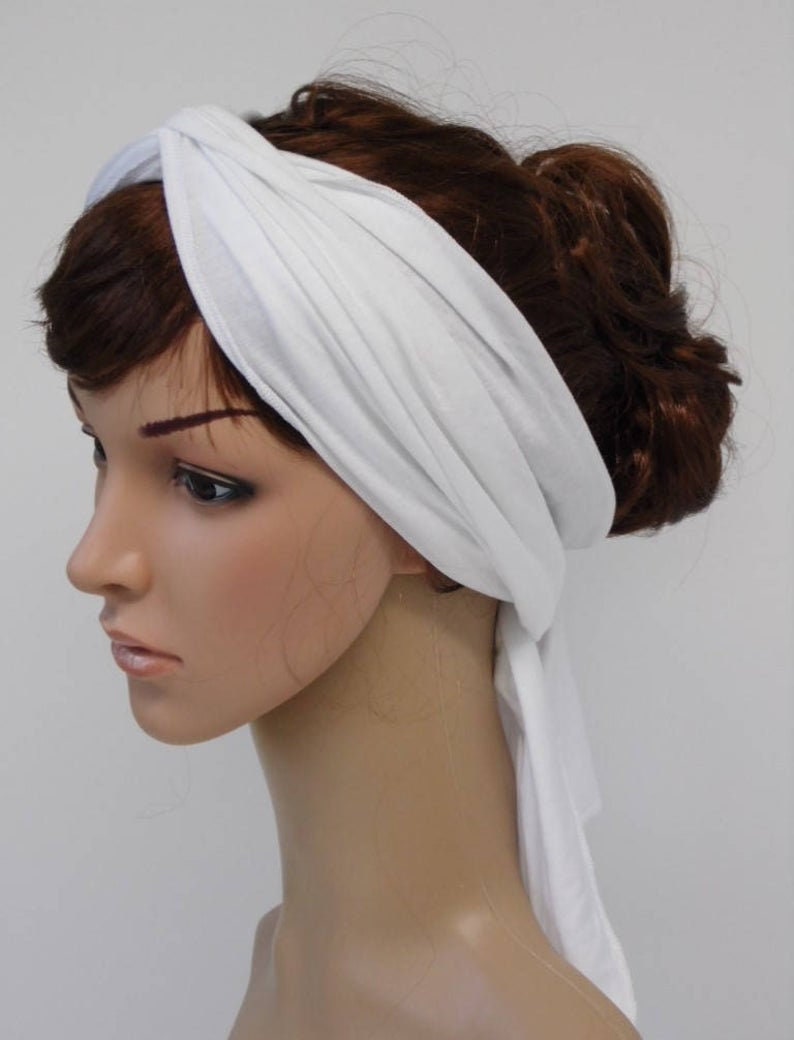 Bandeau blanc, cravate extensible, foulard auto-attaché, foulard dété, bandana à cheveux, foulard de jour pour mauvais cheveux, 150 x 17 cm image 1