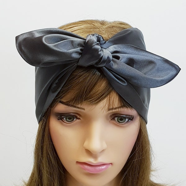 Dark grey satin hair wrap for women, silky head scarf, dolly bow look headband, rockabilly hair bandanna, hair covering