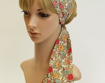 Summer head scarf, floral hair tie, self tie head band, cotton skinny hair scarf, pin up style bandanna 160 x 10 cm