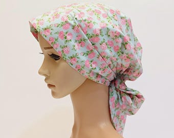 Cotton Floral Surgical Cap, Lined Head Wear with Ties, Multi Use Head Scarf, Bonnet, Head Snood, Tichel
