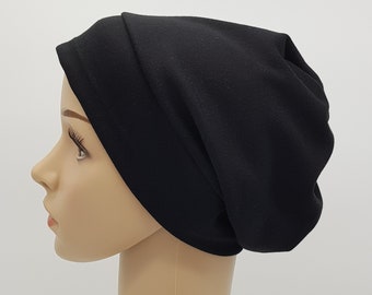 Black Cotton Jersey Chemo Beanie, Lightweight Summer Headwear for Women