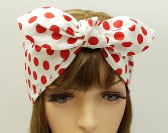 White & Red Polka Dot Rockabilly Self-Tie Hair Scarf