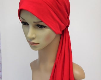 Red chemo headwear for women, tichel, head snood, turban with ties, alopecia, hair loss