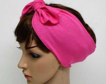 Pink Self Tie Headband, Rockabilly Hair Scarf, Stretchy Viscose Jersey Tie-Up Headband