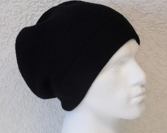Black men's hat, slouch beanie for men, black beanie, men's beanie, black slouch hat, knitted from acrylic yarn, choose your colour