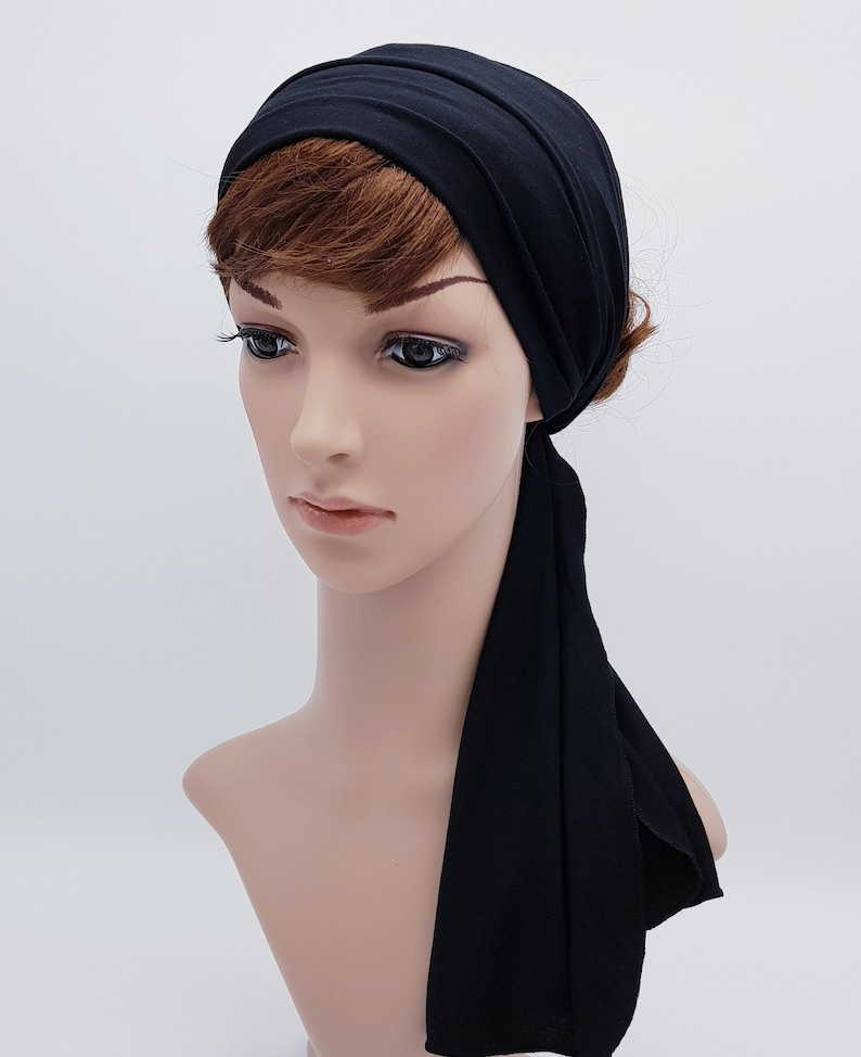 Black headband, self tie wide head scarf, stretchy hair tie, head wrap, viscose jersey hair wrap, hair bandanna, 120 x 25 cm image 2