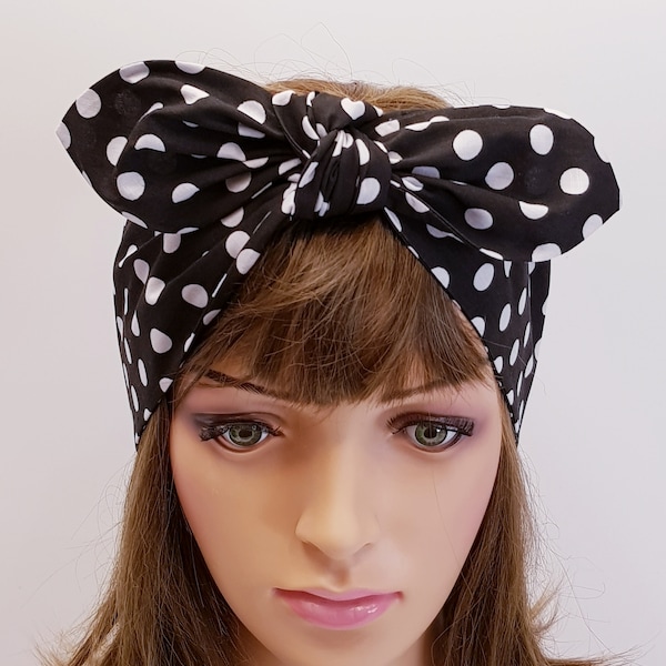 Black and white extra wide polka dot headband, women headband, rockabilly hair wrap, retro style bandanna, dolly bow scarf, head wrap