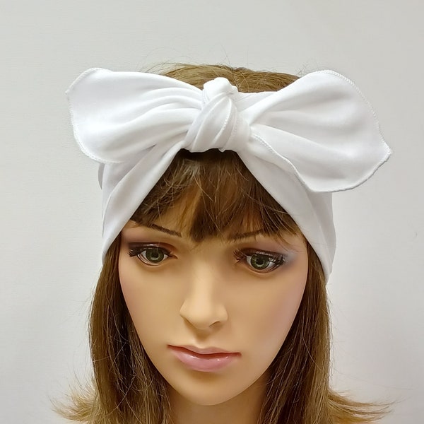 White head scarf, extra wide dolly bow tie up headscarf, self tie cotton jersey rockabilly bandanna, top tie headband
