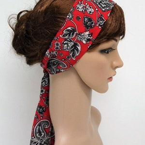 Pin up hair scarf, red floral headscarf, skinny headband, hippie hair tie, bandanna