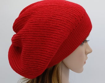 Handmade red alpaca blend fashion baggy beanie, fall hat, knitted slouch beret, stylish tam