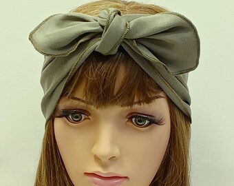 Khaki Cotton Jersey Head Scarf, Extra Wide Top Knot Headband, Tie Wrap, Dolly Bow