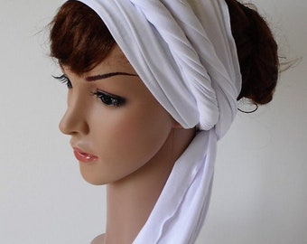 White Long Stretchy Head Scarf, Self Tie Hair Wrap, Bandana Headband
