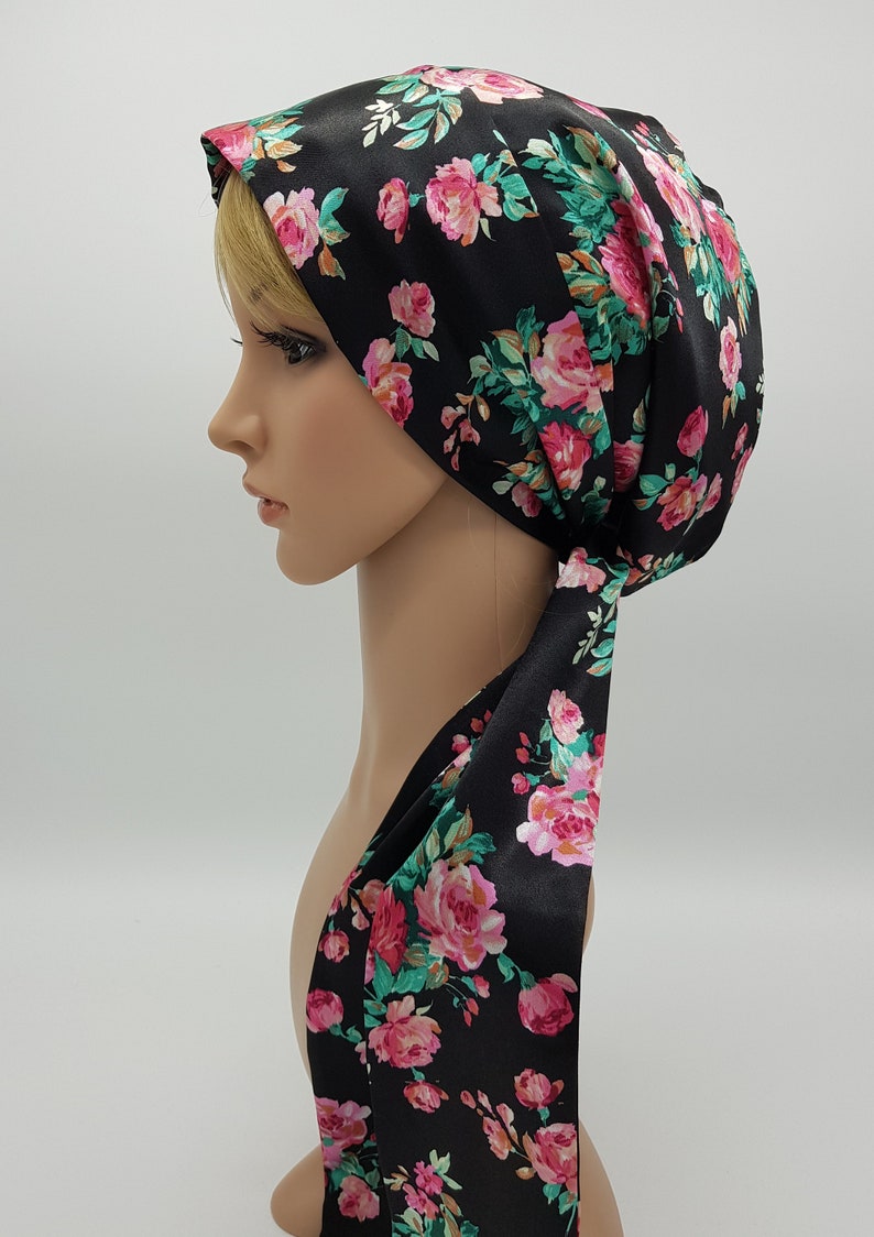 natural curly hair tie self tie apron style headwear satin head scarf elegant tichel Lightweight satin head snood bonnet with long ties