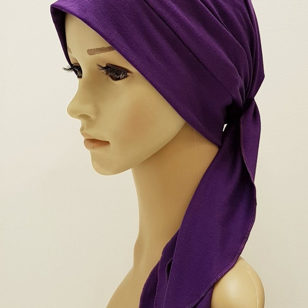 Purple head wear, viscose jersey head scarf, turban with ties, elegant tichel, head scarf, hair wrap, head snood, chemo headwear