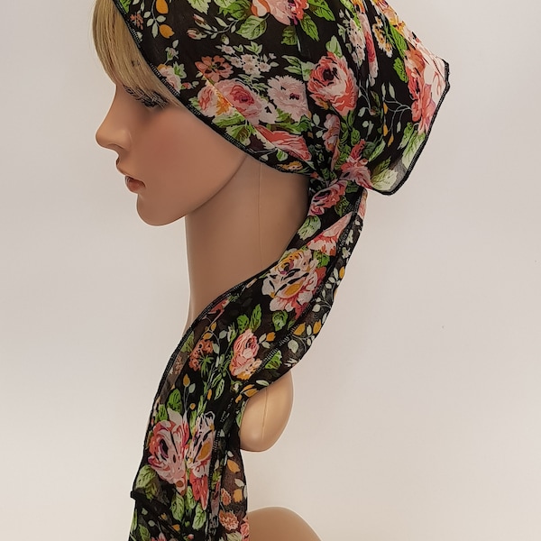 Chiffon summer headband, extra wide hair covering, lightweight floral head scarf, hair wrap, head wrap, neck scarf 145 x 29 cm