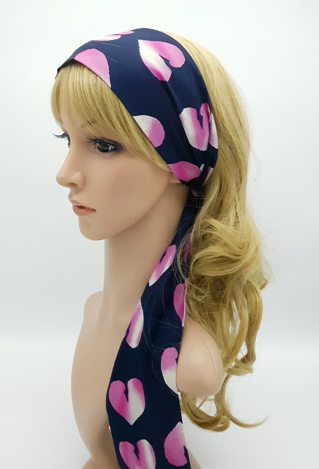 Pink Heart Head Scarf Pin up Hair Scarf Extra Long Hair Tie Head Wrap ...