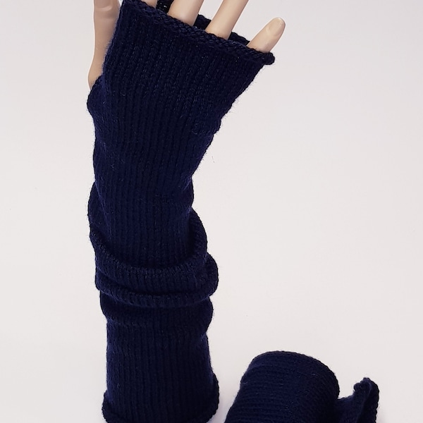 Navy blue ultra long wrist warmers , hand warmers, handmade fingerless gloves, knitted from acrylic, ready for shipping