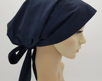 Navy blue head wear for women, cotton bonnet with long ties, elasticated head covering, lined head scarf, headwear