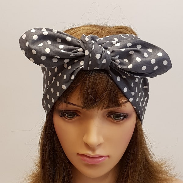 Grey and white polka dot extra wide self tie cotton head scarf rockabilly hair tie top tie headband messy hair scarf in up style bandanna