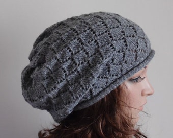 Grey lace hat, knitted handmade hat for women, women's lace beret, slouchy hat, knit beret, slouch lace beanie, knit baggy beanie