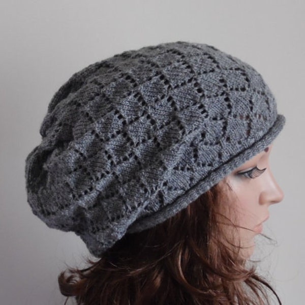 Bonnet gris en dentelle, bonnet tricoté fait main pour femme, béret en dentelle pour femme, bonnet ample, béret en tricot, bonnet ample en dentelle, bonnet ample en tricot