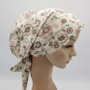 Nurse head wear, floral tichel, elasticated head snood for women, bonnet with long ties, surgical scrub cap, chef's hat