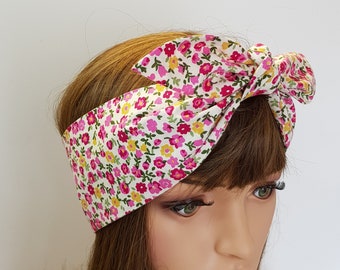 Floral cotton headband, pin up style headscarf , rockabilly hair tie, summer skinny head scarf, bandana, dolly bow hair scarf