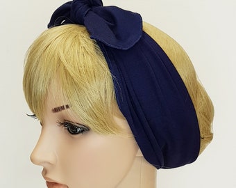 Navy blue headscarf, viscose jersey hair tie, self tie head scarf, pin up head scarf, tie up headband, rockabilly headband, hair bandanna