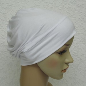 Lightweight beanie, white chemo hat, sleeping beanie, viscose jersey hat for hair loss, white head wear, full head covering, chemo cap image 1