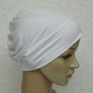 Lightweight beanie, white chemo hat, sleeping beanie, viscose jersey hat for hair loss, white head wear, full head covering, chemo cap