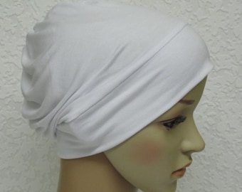 Lightweight beanie, white chemo hat, sleeping beanie, viscose jersey hat for hair loss, white head wear, full head covering, chemo cap